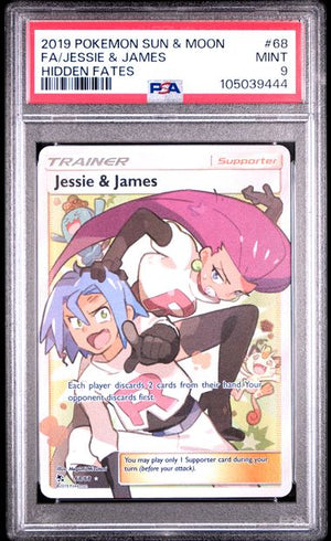 FA/JESSIE & JAMES HIDDEN FATES 2019 POKEMON SUN & MOON HIDDEN FATES PSA 9