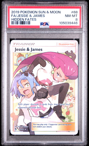 PSA 8 JESSIE & JAMES HIDDEN FATES 2019 POKEMON SUN & MOON HIDDEN FATES